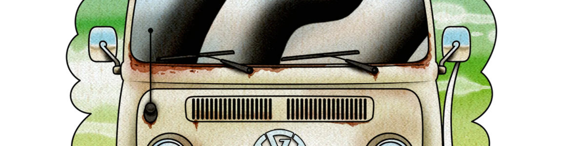 Vintage VW van with surfboards, skateboard, and 'Westylife Boardriders' text illustration
