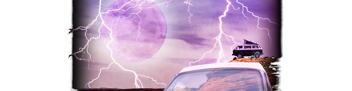 Vintage camper van on desert landscape with lightning, purple sky, and surreal moon backdrop.