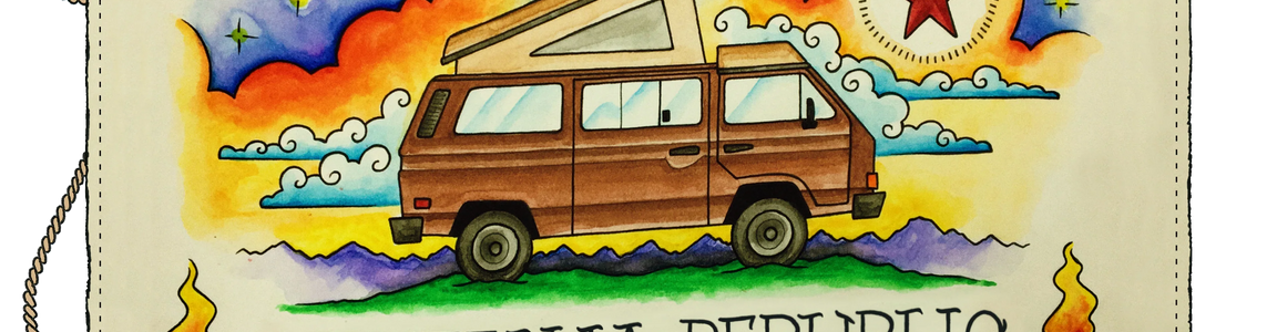 Westfalia camper van illustration on colorful flag with sunset, campfires, and 'Westfalia Republic' text
