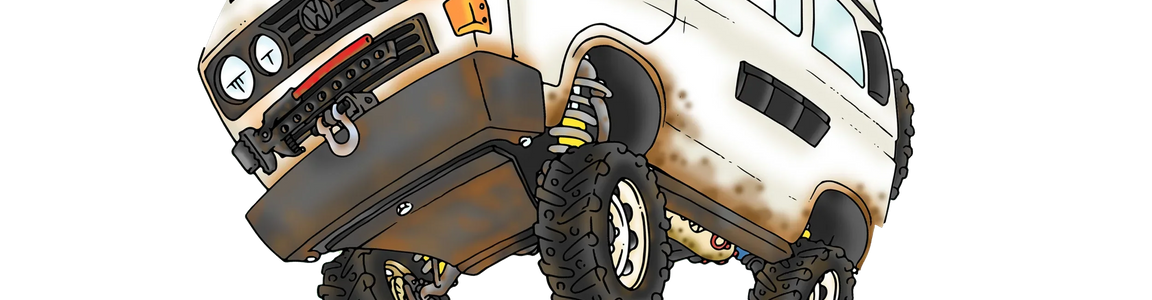 Cartoon bear driving lifted white van over red ramps, off-road adventure illustration