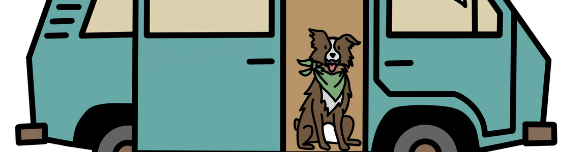 Cartoon dog with bandana sitting in open blue camper van doorway