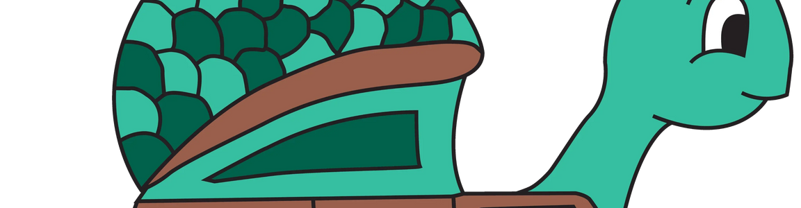 Cartoon turtle with green, scalloped shell and brown van outline on its body