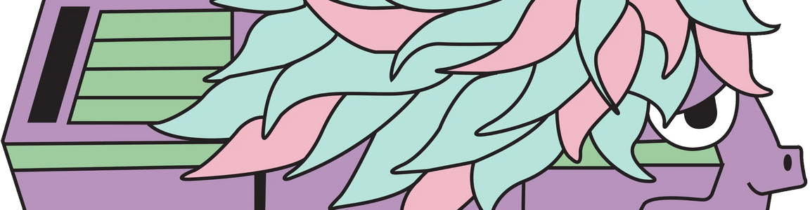 Cartoon van with unicorn horn and pastel mane, whimsical illustration, purple and mint colors