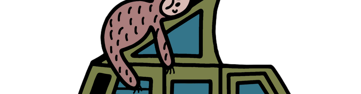 Cartoon sloth resting on green and blue pop-top camper van illustration