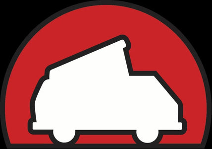 White silhouette of a camper van with pop-top roof on a red half-circle background, vehicle logo