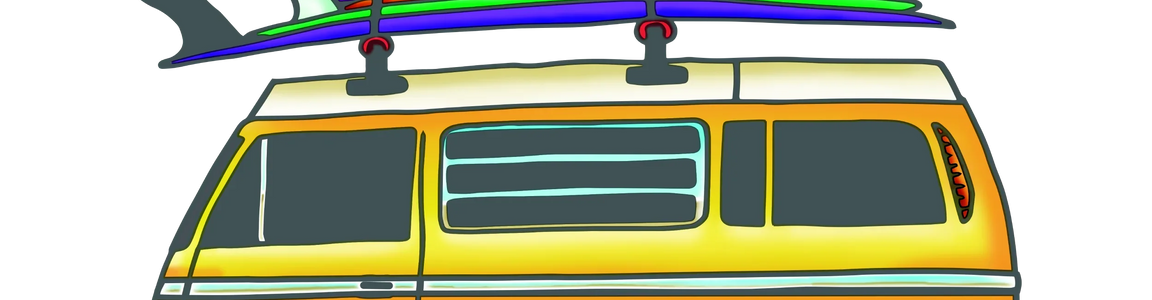 Retro yellow camper van with roof packed for camping, surfboards, and 'Camp First. Work Later.' text.