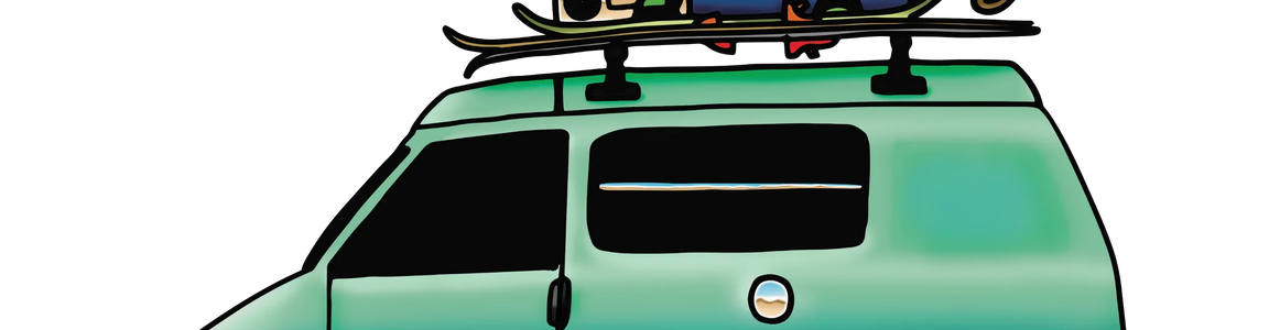 Illustration of a teal camper van loaded with camping gear, shovels, luggage, and outdoor supplies on the roof, with text 'Camp First. Work Later.'