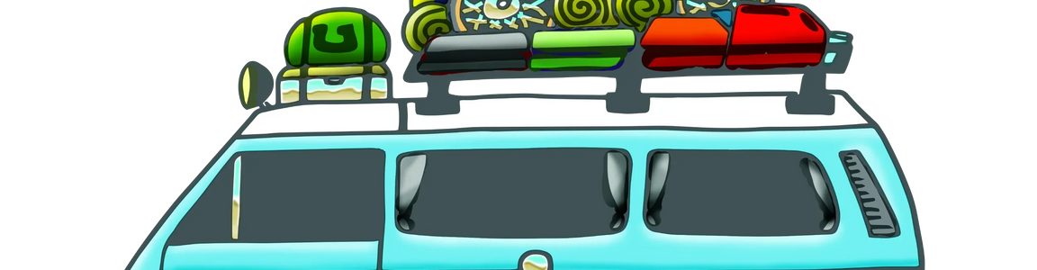 Illustration of a blue Vanagon loaded with camping gear, bike, kayak, and text: Camp First. Work Later.