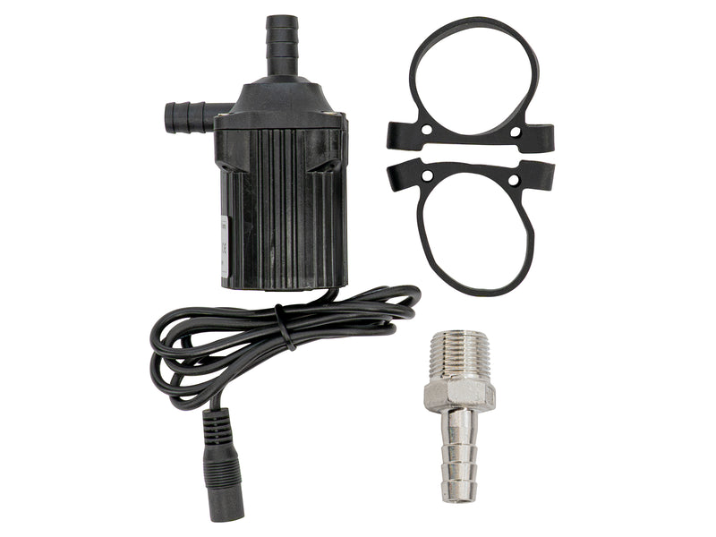 12V water pump kit with mounting brackets, wiring, and metal hose adapter
