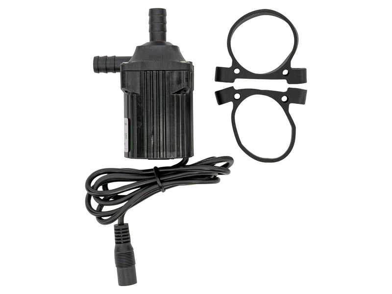 Black electric water pump with cord and two mounting brackets for vehicle or camper repair