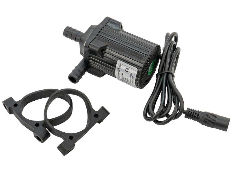 12V electric water pump with cable and two black mounting brackets for vehicle use