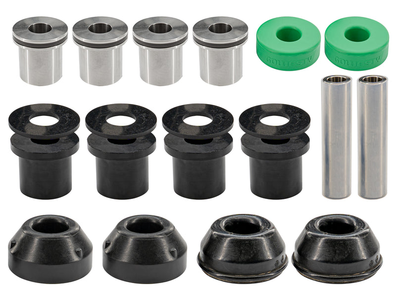Collection of front suspension bushings on white background 