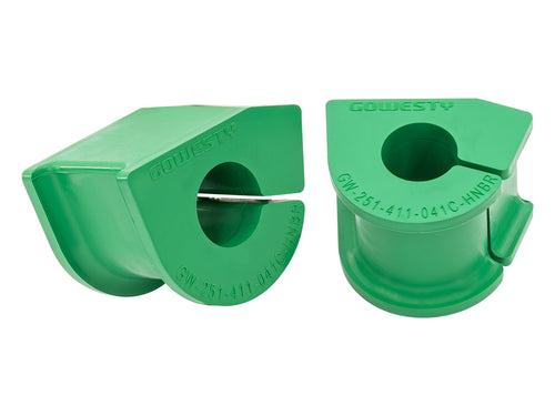 Two durogreen sway bar to body bushings on white background