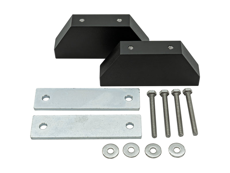 Black metal brackets with additional hardware on a white background