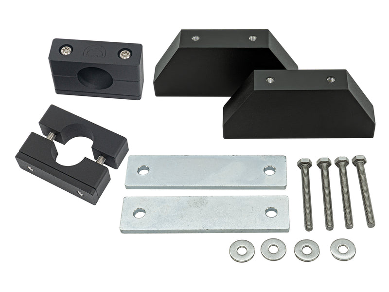 Set of black metal brackets and hardware components on a white background