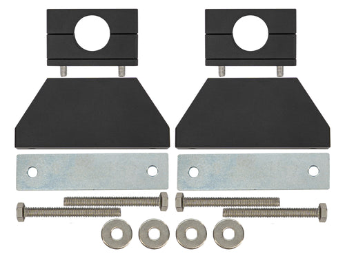 Set of black metal brackets with bolts and washers on a white background