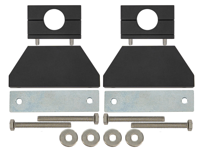Set of black metal brackets with bolts and washers on a white background