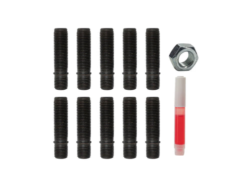 Automotive stud kit with ten black threaded studs, a metal nut, and a small tube of red threadlocker on white background.