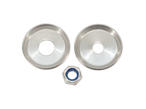 Stainless steel sway bar washer kit with two washers and a lock nut on white background