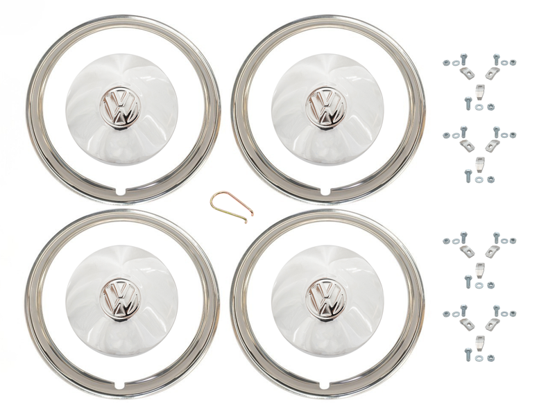Set of four Volkswagen hubcaps with installation hardware on a white background