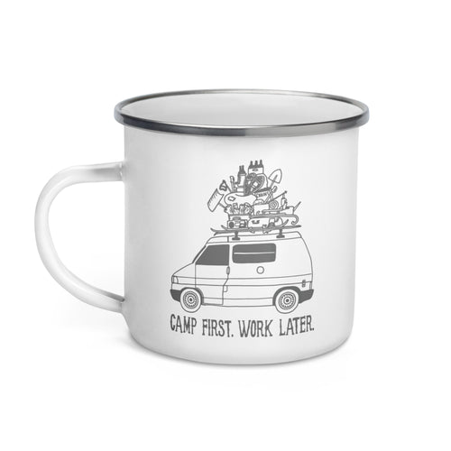 "Camp First, Work Later" Eurvoan Enamel Mug