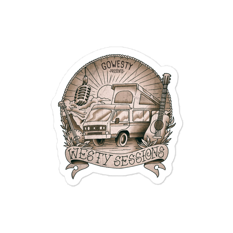 Westy Sessions sticker featuring vanagon, microphone, banjo, and guitar.