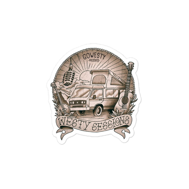 Westy Sessions sticker featuring vanagon, microphone, banjo, and guitar.