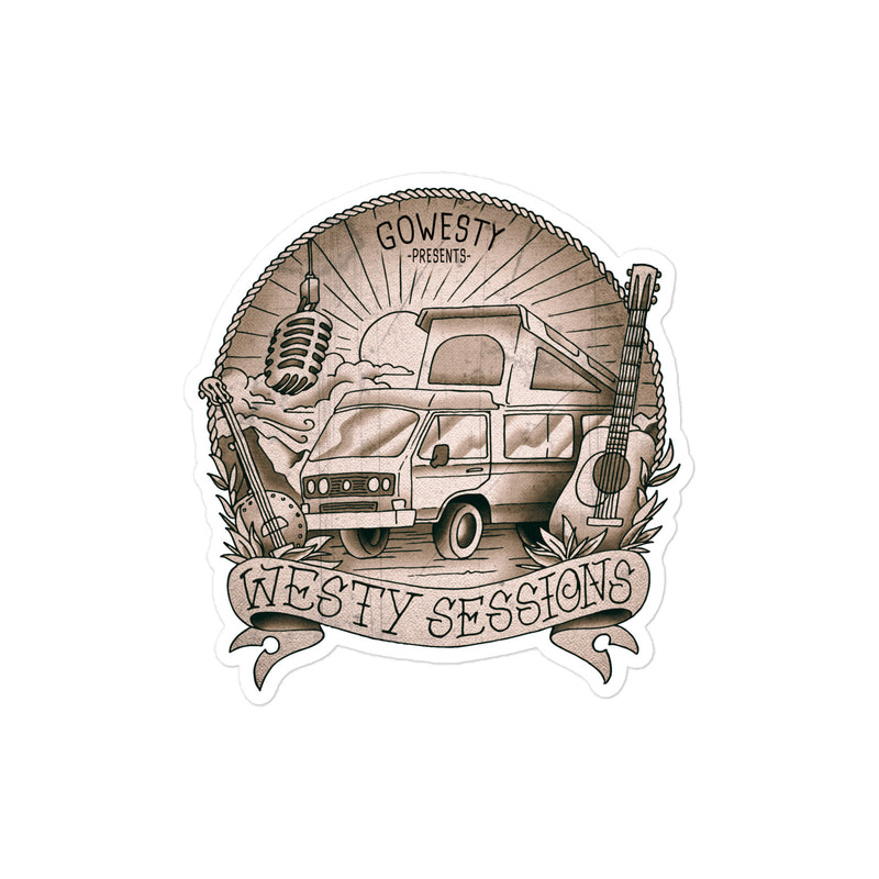 Westy Sessions sticker featuring vanagon, microphone, banjo, and guitar.