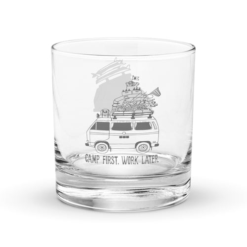 "Camp First, Work Later" Vanagon Rocks Glass